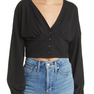 MADEWELL Black Deep-V Button Front Crop Top
